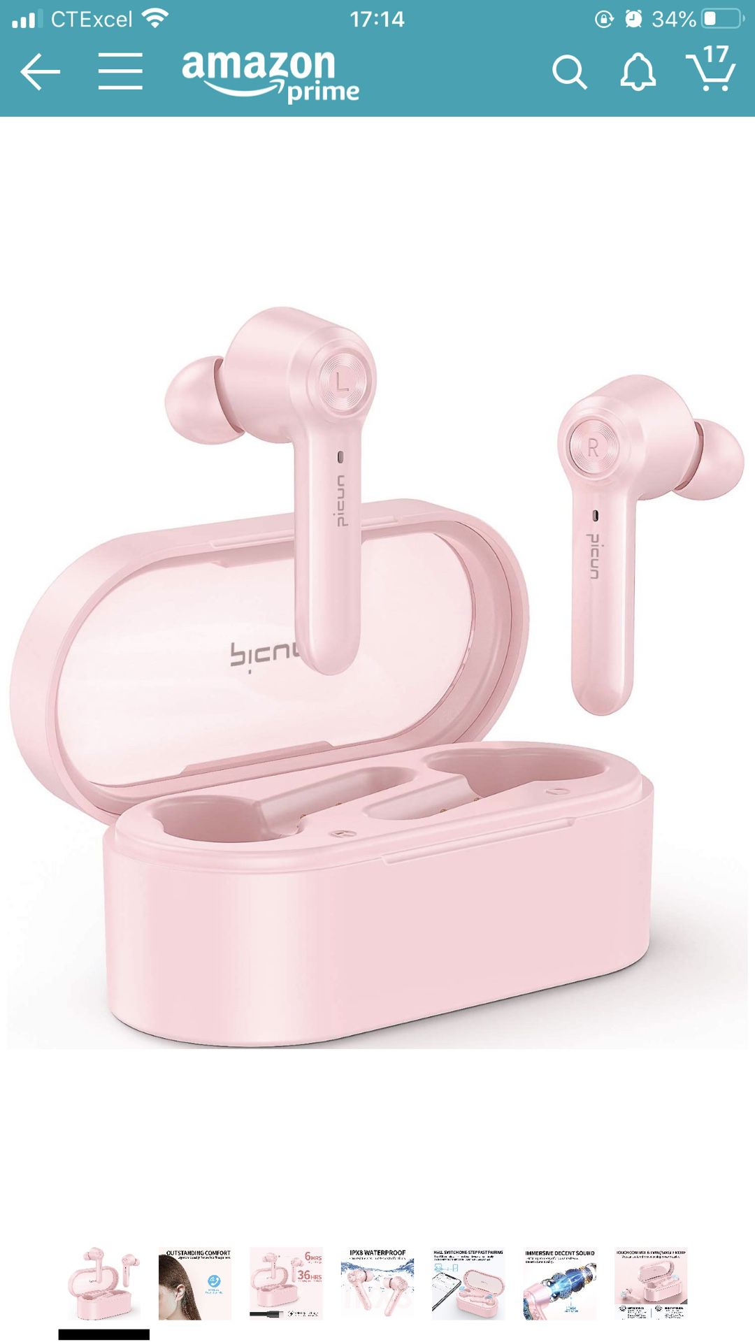 Picun W20 Pink Wireless Headphones In-Ear, Bluetooth V5.0+EDR 36 Hrs Playtime HiFi Immersive Bass IPX8 Waterproof Earbuds w/Mic, Hall Switch, Touch Co