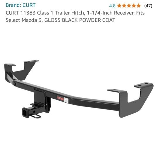 NEW!!! CURT 11383 Class 1 Trailer Hotch, 1 1/4 inch Receiver, fits Mazda 3, Gloss Black Powder Coated