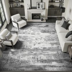 9x12 XL Washable Nonslip Soft Low Pile Modern Abstract Area Rug, Gray/White, NEW
