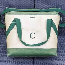 LL Bean vintage green ivory waxed canvas zipper tote large insulated cooler picnic lunch carry bag