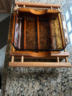 Pyrex Baking Dish on a Wooden Carrier