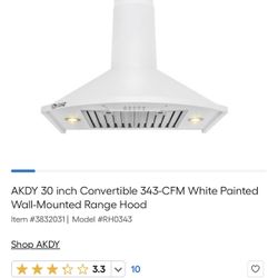 Range Hood AKDY 30 inch Convertible 343-CFM White Painted Wall-Mounted  (New)
