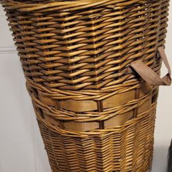 Vintage Wicker Laundry Basket With Leather Handles