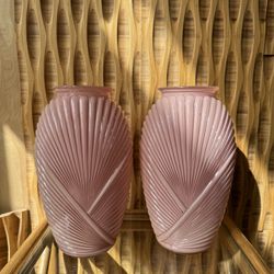 Vintage Anchor Hocking Pink Glass Pair Urn Vase Ribbed Geometric Coquette Set of 2 Waterfall Pleated