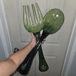 Large green metal spoon and fork wall decor