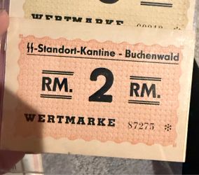 Reichsmark canteen scrip (Wertmarke) issued at the Buchenwald concentration camp during World War II. 1(contact info removed)