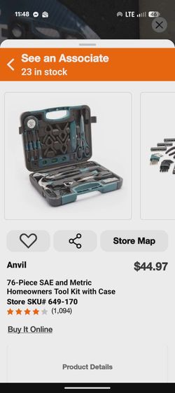 Anvil 76-Piece SAE & Metric Homeowners Tool Kit with Case – New