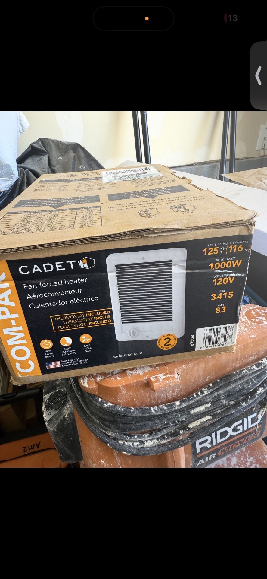 Cadet Com‑Pak 1000 W/120 V In‑Wall Fan‑Forced Heater