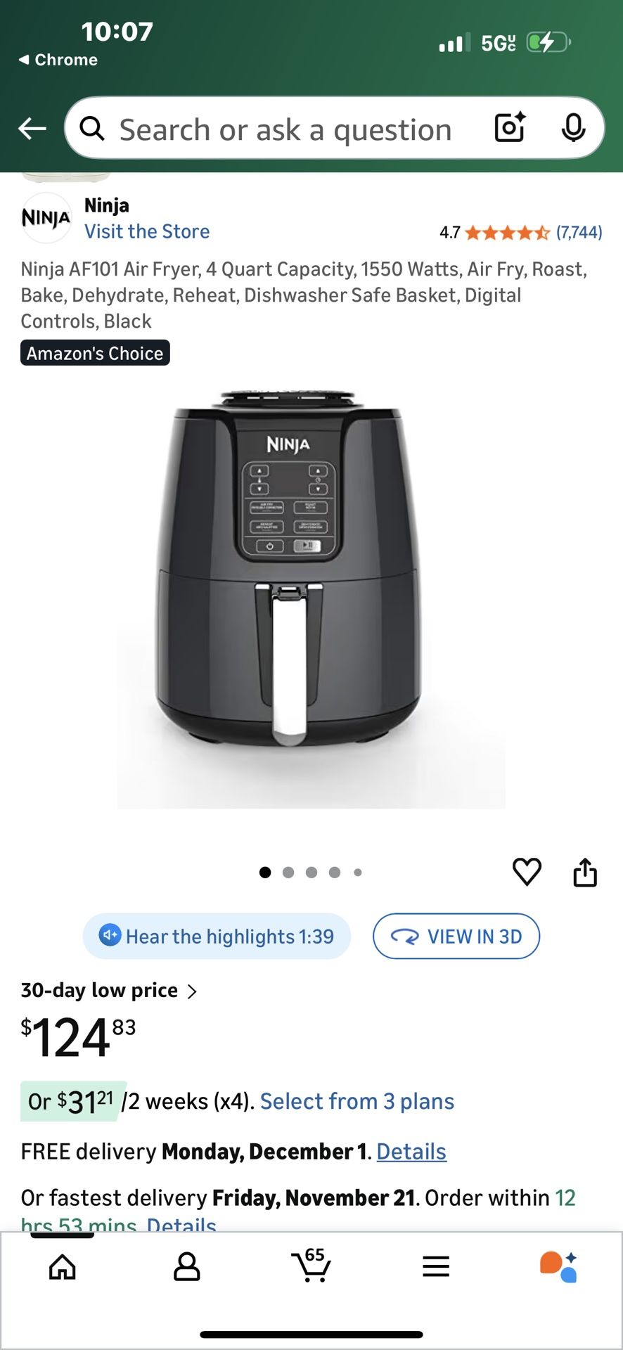 Ninja AF101 Air Fryer, 4 Quart Capacity