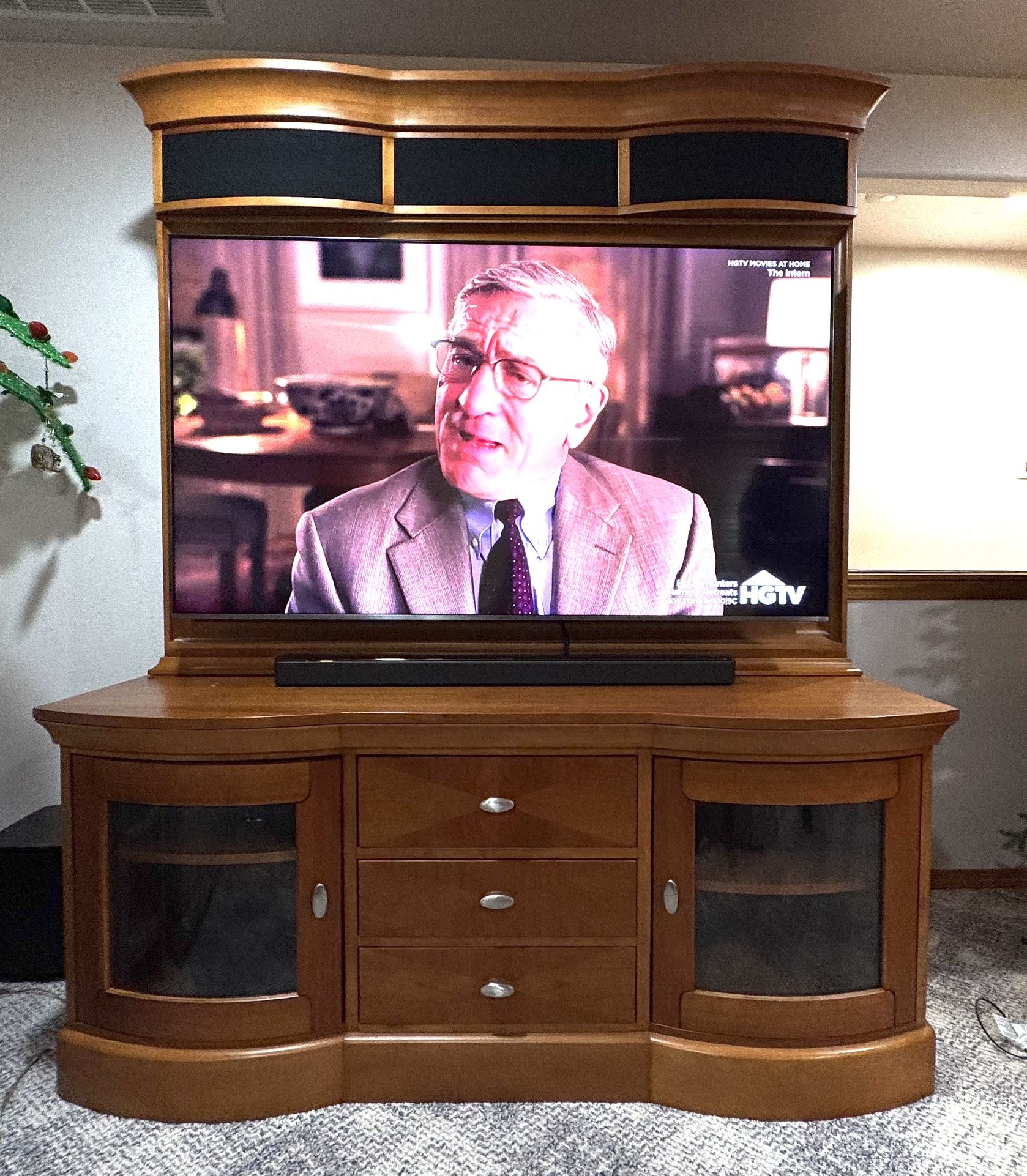 Wood Television Cabinet With Storage Drawers And Shelves.