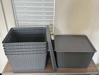 Brand New 6 Pack Large Plastic Storage Baskets With Lids Stackable Organizer Bins Gray