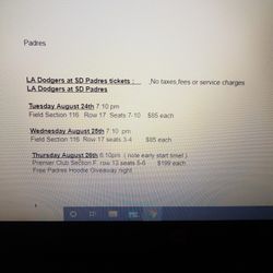 LA Dodgers At San DIEGO PADRES Aug 24,25,26