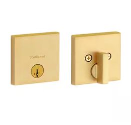 Downtown Low Profile Satin Brass Single Cylinder Square Contemporary Deadbolt Featuring SmartKey Security