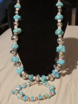 Handmade native jumbo genuine turquoise stones necklace with matching bracelet