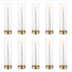Set of 10 gold and glass taper candle holders
