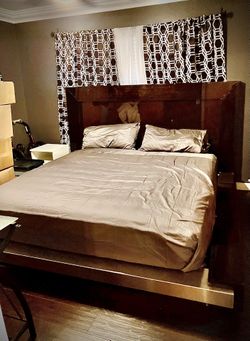 Maurice Villency, NYC Modern Designer Wood & Chrome Bedroom Set with Bed, Headboard, 2 Side Tables, and Mirror -Paid $20K!