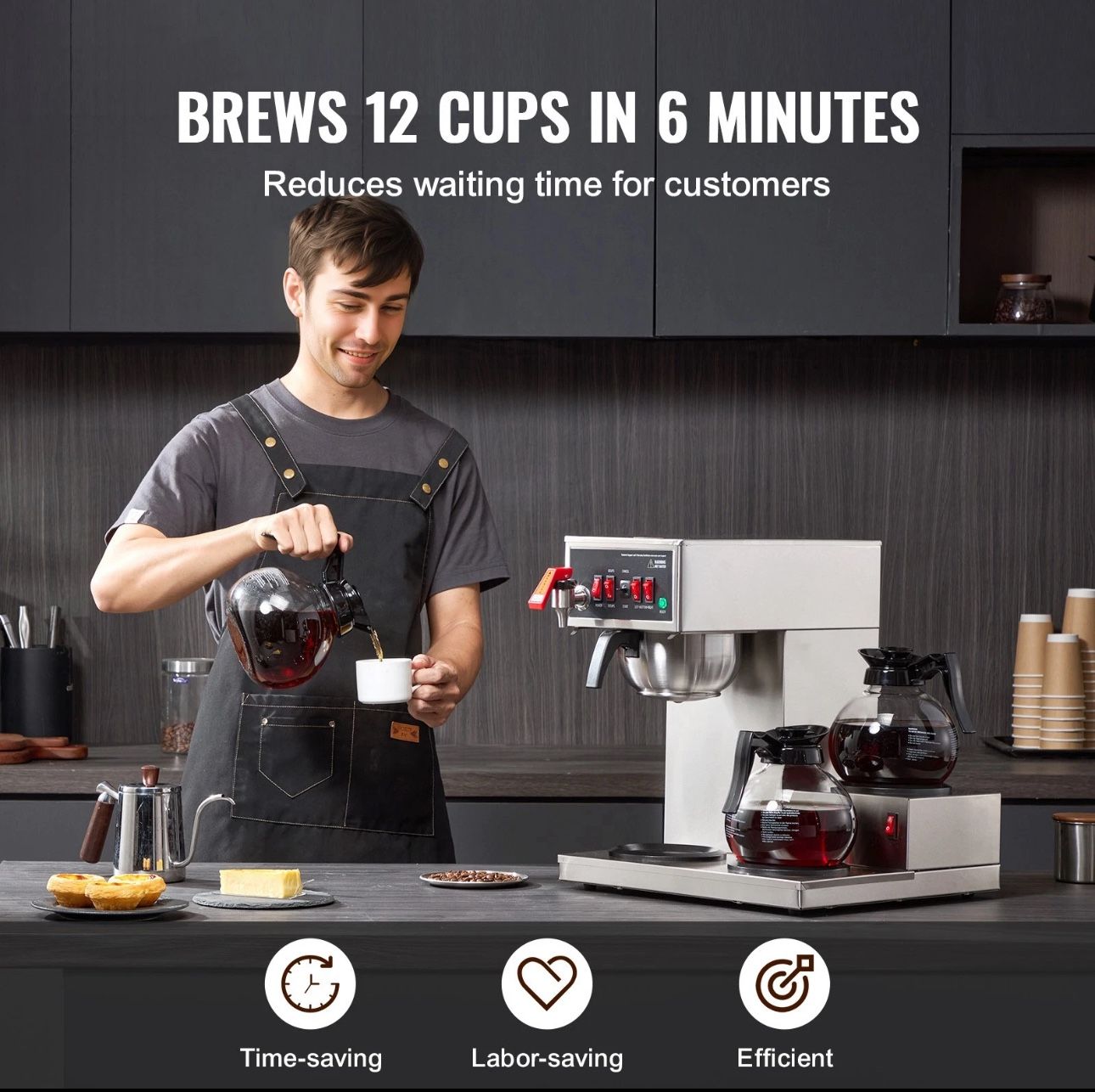 12 Cups Commercial Drip Coffee Maker with 3 Glass Carafes and 3 Warmers