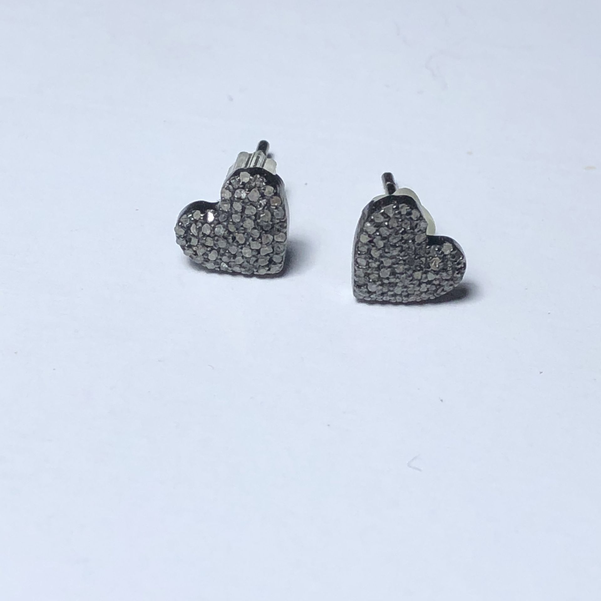 Black Sterling & Diamond Heart Stud Earrings