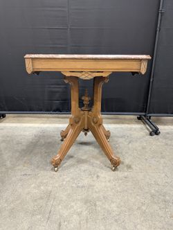 Vintage Hexagonal Marble Top Accent Table with Carved Wood Base