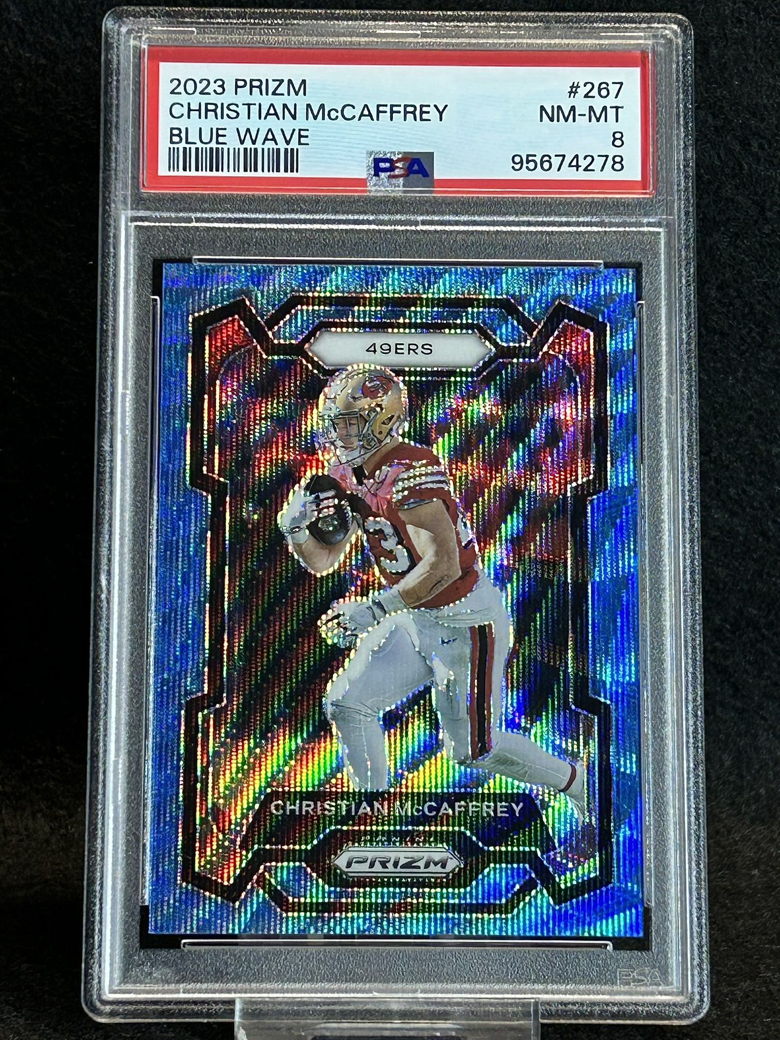 2023 Prizm 💥 Christian Mccaffrey 💥 Blue Wave 128/199 PSA 8 NM-MT 💎 - San Francisco 49ers