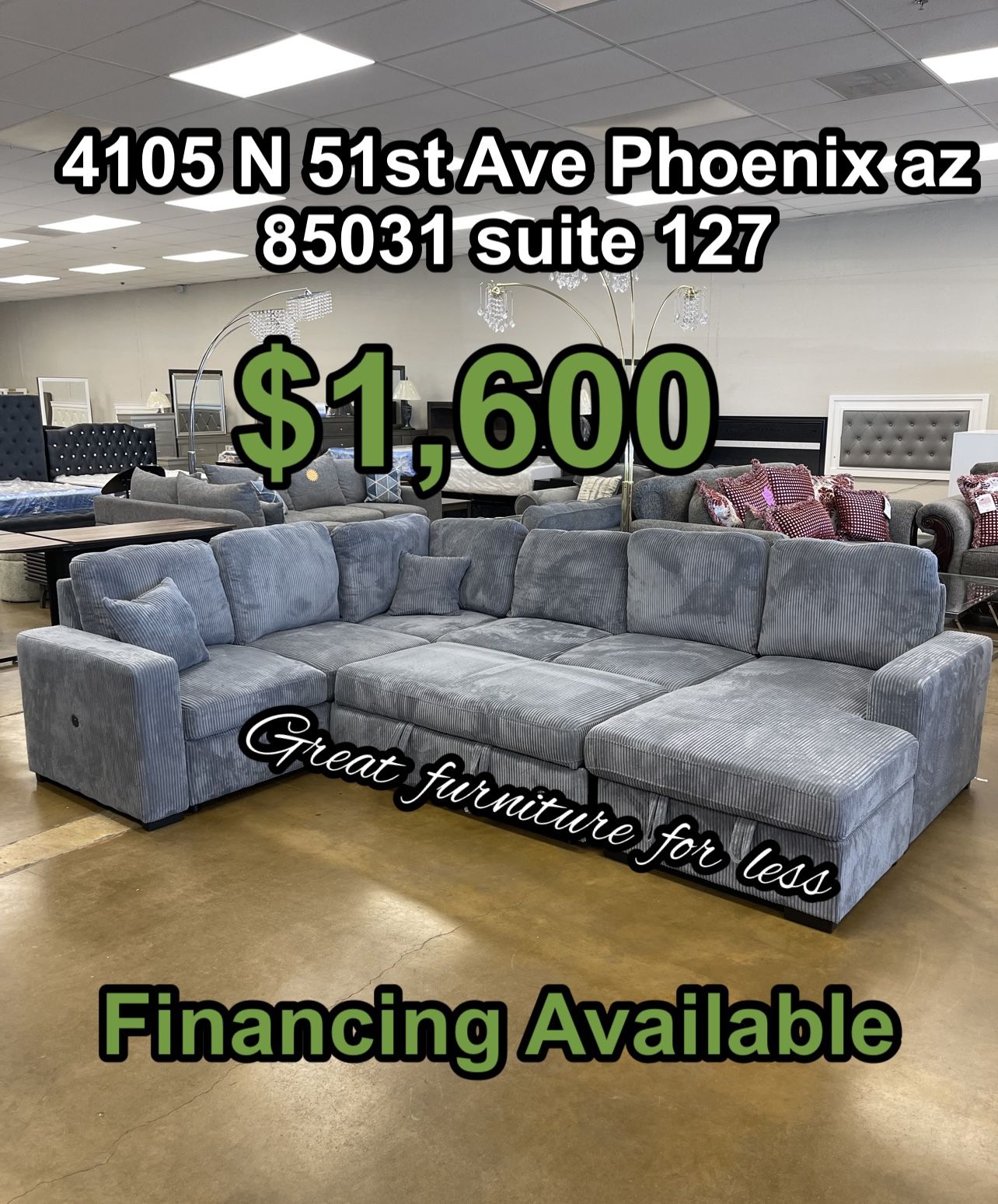 Sectional Grey Bed With Storage And Usb Brand New