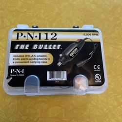 PNI12 THE BULLET  Inc’s Drill, AC Adapter 2 sanding bands, 2 Bits & a convenient carrying case