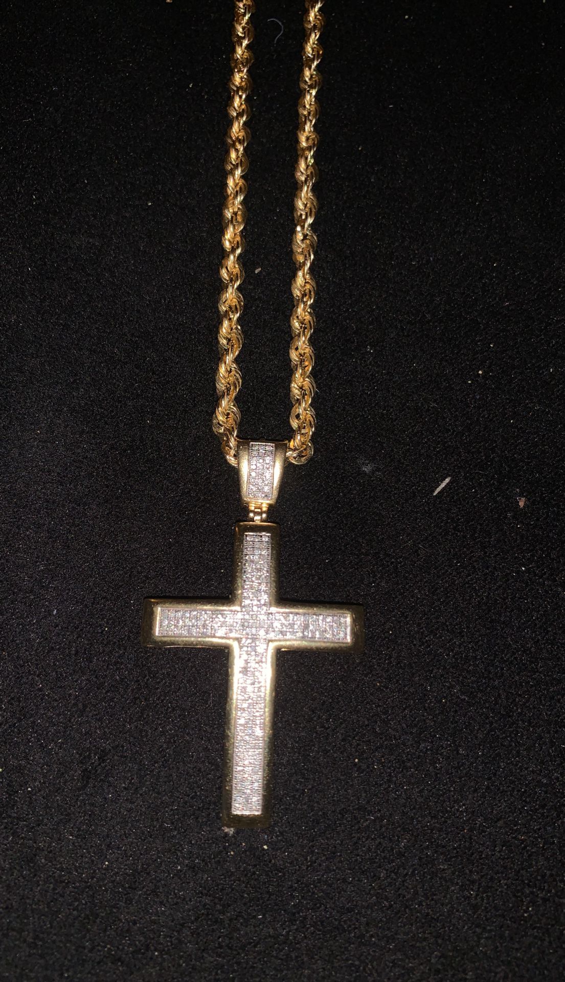 10k diamond Cross pendant & gold rope