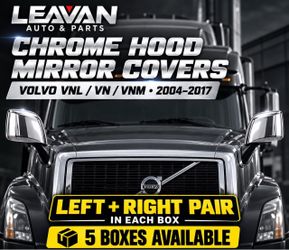 Upgrade your Volvo truck with chrome hood mirror covers! Each box includes both sides: driver side (left) and passenger side (right). Fits Volvo VNL,