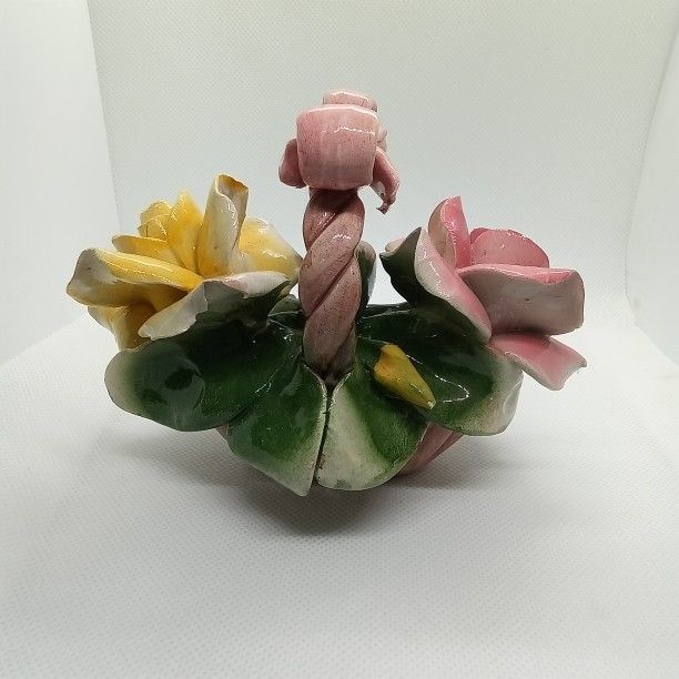 Vintage Crown Nuova Capodimonte Handled Molded Pink&Yellow Rose Pink Bow Italy