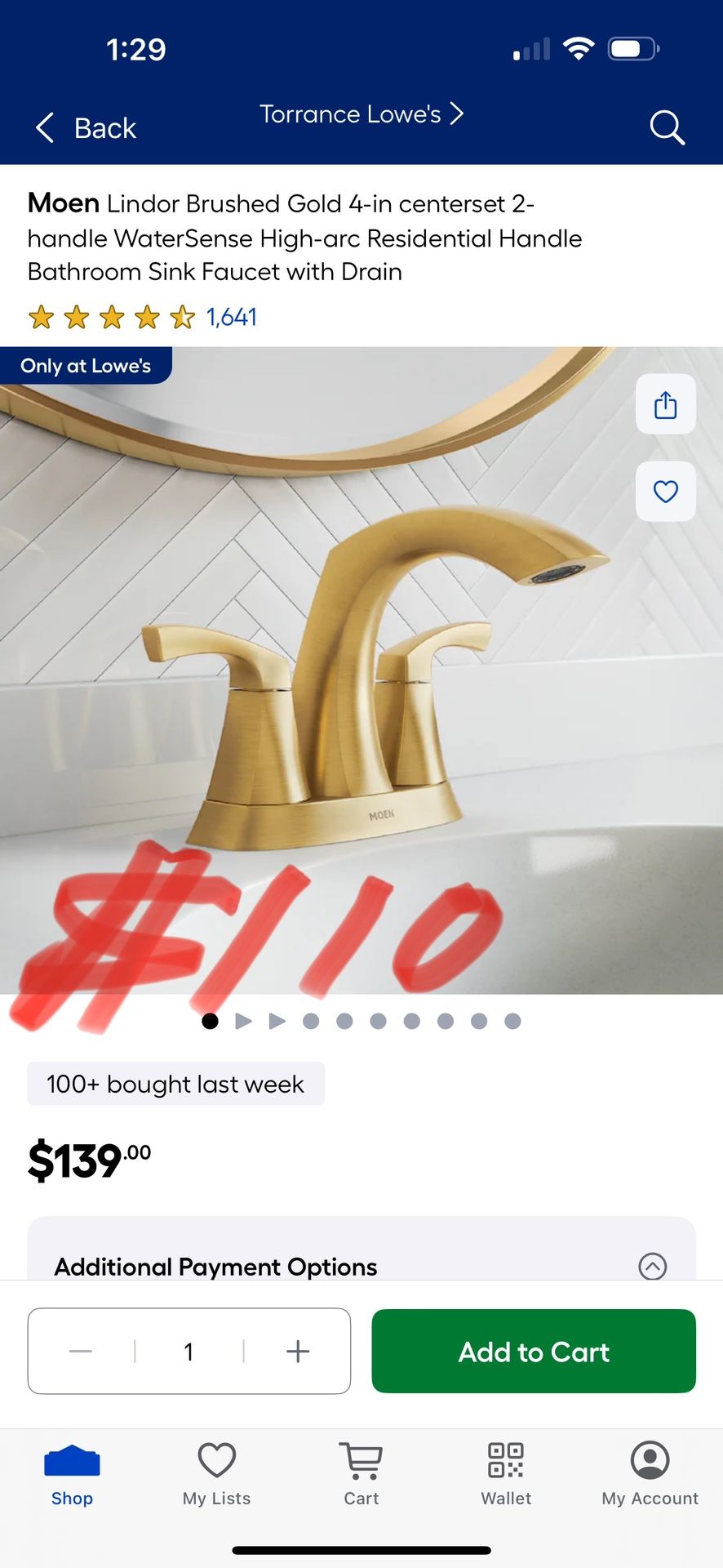 Moen Lindor Brushed Gold 4-in centerset 2-handle WaterSense High-arc Residential Handle Bathroom Sink Faucet with Drain