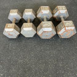 Cap brand metal dumbbell weights : 1 set of 70 pounds and 1 set of 45 pounds for sale for $.75 a pound 