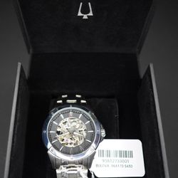 Bulova 96A170 Automatic Skeleton 21 Jewel Stainless Steel Wristwatch Box + Tags
