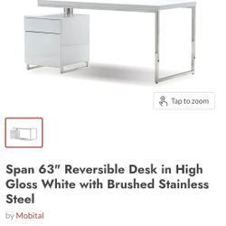 Span 63" Reversible Desk in High Gloss White with Brushec Stainless Steel