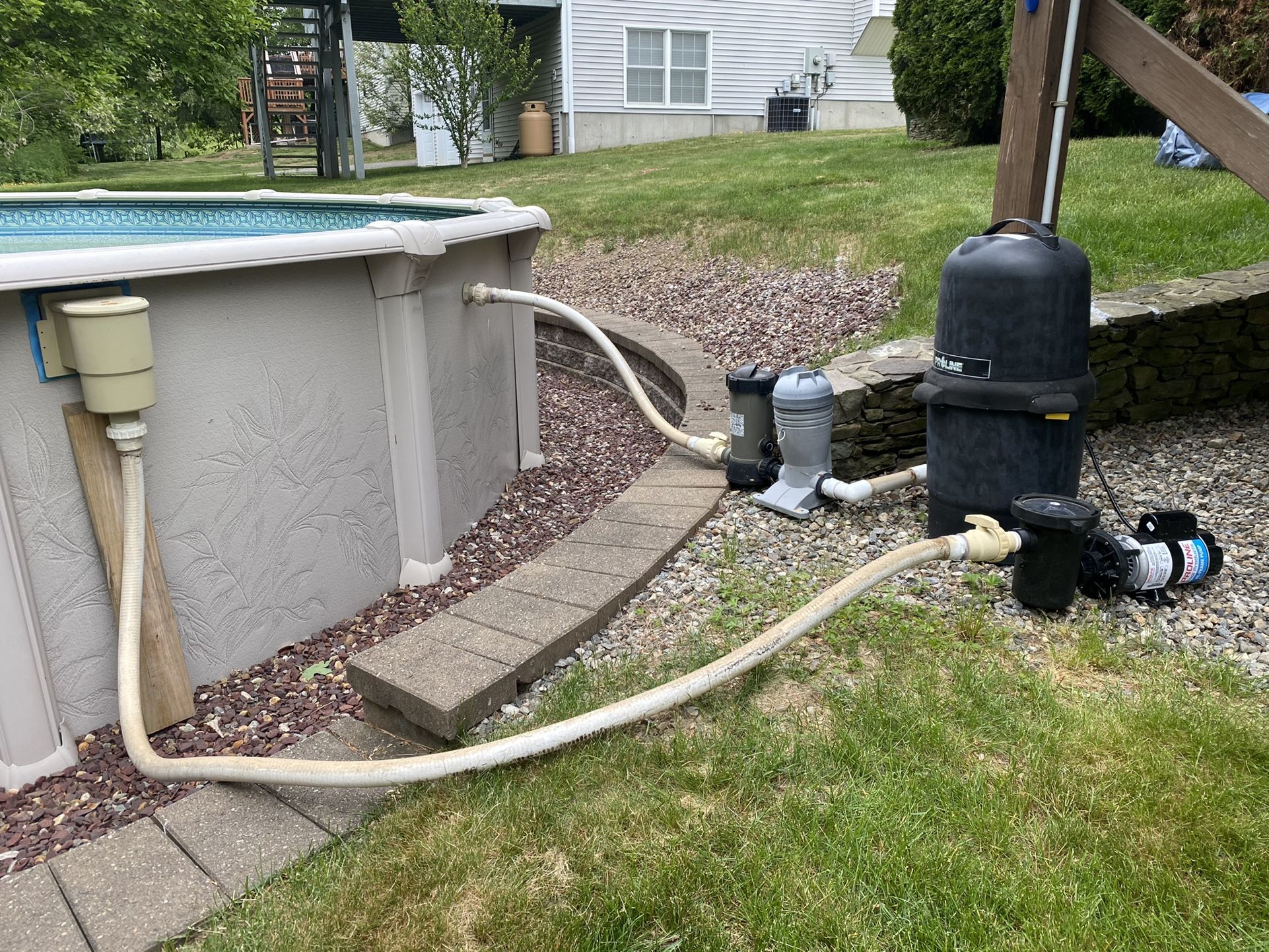 Cartridge Filter System and Pump, A-Frame Safety Ladder, and Swimline for Above Ground Pool 