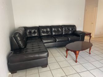 Black Tufted faux Leather Sectional Sofa + Matching Wood Accent Tables