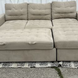 Beige Pull out Bed Sectional Couch Sofa L Shape with Chaise storage 