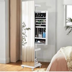 360° Mirror Jewelry Cabinet w/ Storage （Assembly Required)