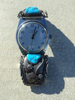 Vintage Native American Sterling Silver Watch Band With Timex Watch Use