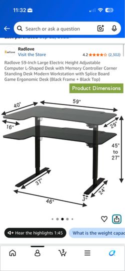59” L shaped adjustable desk