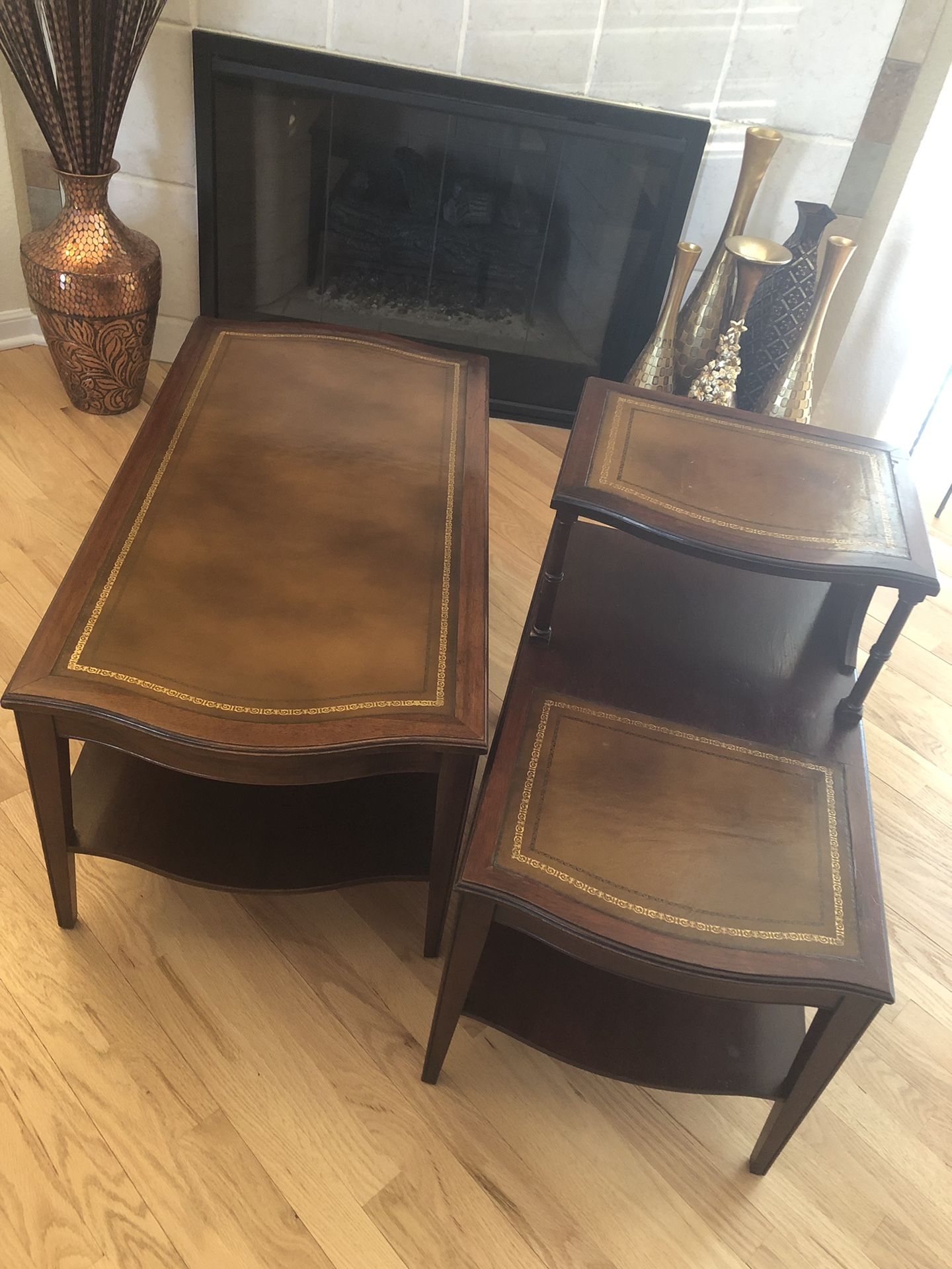 1940's Leather Top Weiman Heirloom Mahogany Tiered Coffee & Side Table Set