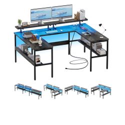 U Shaped Desk & L Shaped Office Desks with RGB LED Light, Adjustable Monitor Stand and Power Outlets, Reversible Computer Desk with Storage, Large L S