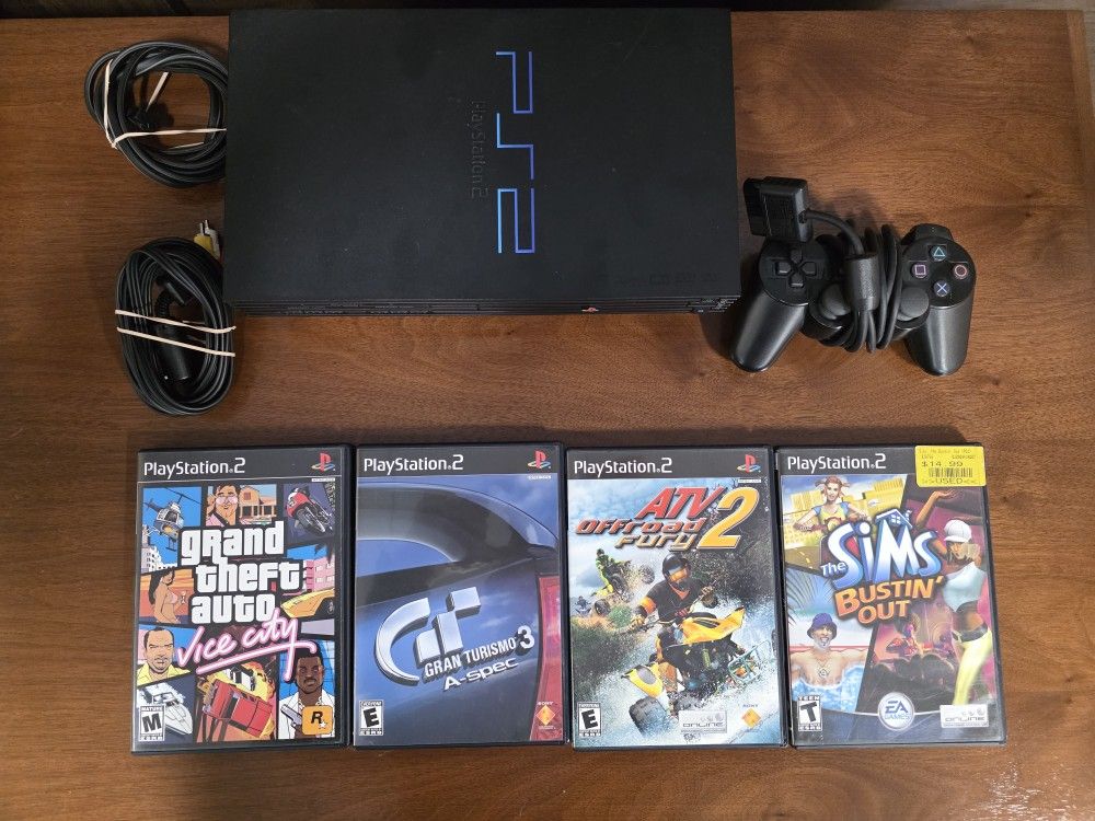 PlayStation 2 / PS2 Video Game Console w/ 4 Games, 1 Controller, All Cords