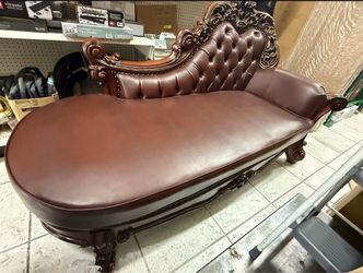 Antique Arm Chaise Lounger genuine Leather Wine Color & Brown Carved Wood Design