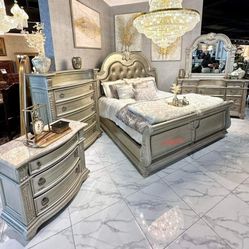 Cavalier Silver Bedroom Set, Bed,dresser, Mirror,nightstand Queen size// King size Available 