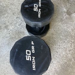 Pair Of 50 Lb Iron Grip Urethane Dumbbells