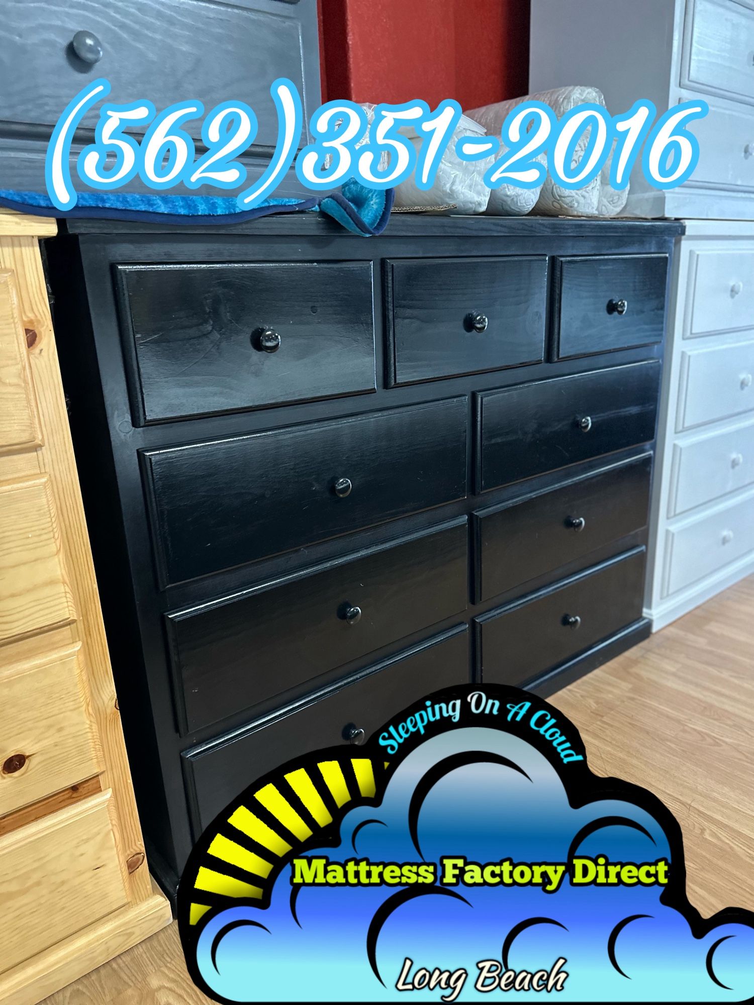 Nine Drawer Black Pinewood Dresser Chest Cajonera