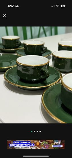 Vintage French coffee cup set - APILCO green and 14 carat gold