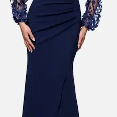 New Xscape Ariana Off-Shoulder Scuba Crepe Dress Navy Size 14