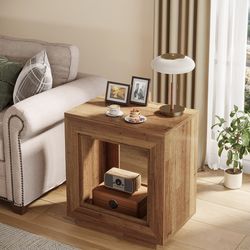 Farmhouse Style, Rustic Wood End Table, 2 Tiered Square Side Table with Storage Shelf, Industrial