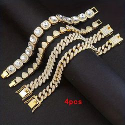 4 Pcs 14K Gold Plated Iced Cubic Zirconia Bling Tennis Heart Cuban Link Men& Women Bracelets